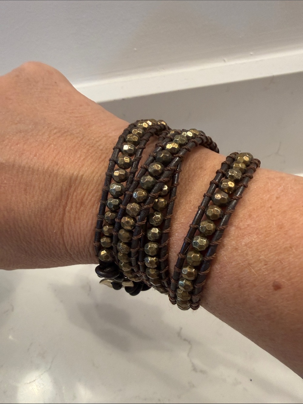 Multi-Strand Brown Leather Wrap Bracelet with Gold Beads